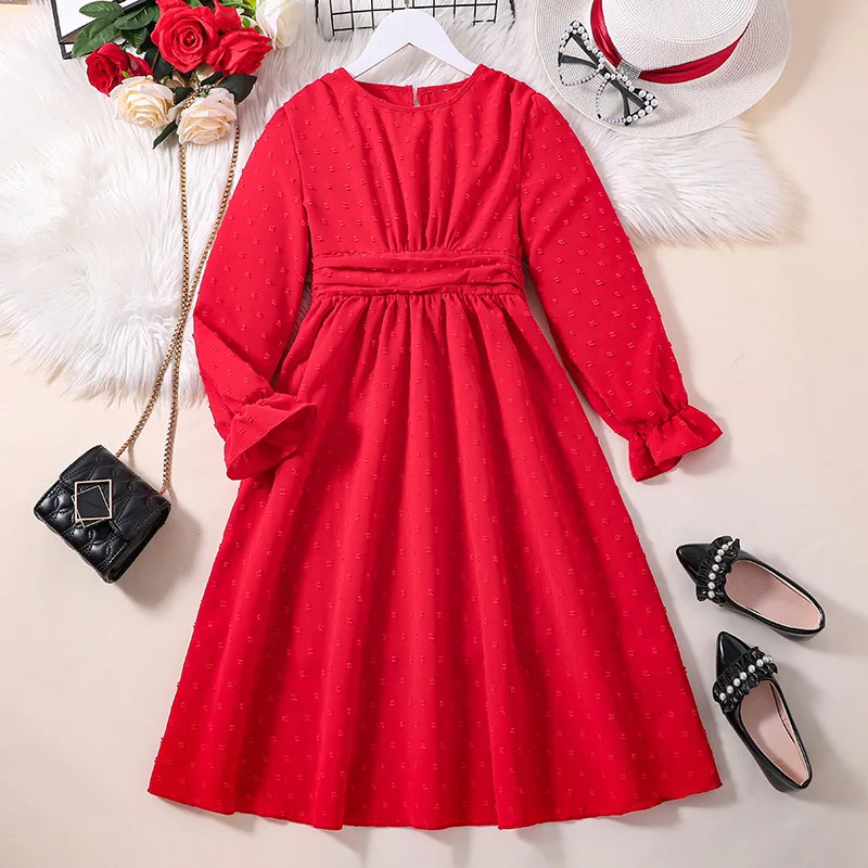 

2023 Winter New Girls Dress Long Sleeve O Neck Ruffles Red Cute Designer Girls Princess Dress Vestido 0-3T