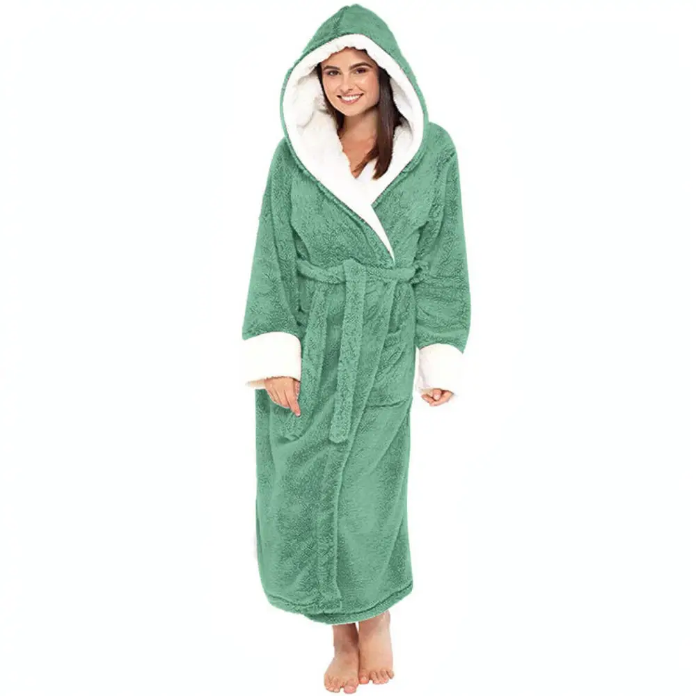 Womens Long Dressing Gown Plush Bathrobe Warm Winter Sleepwear Soft Housecoat Comfortable Loungewear With Belt Nightwear Robe