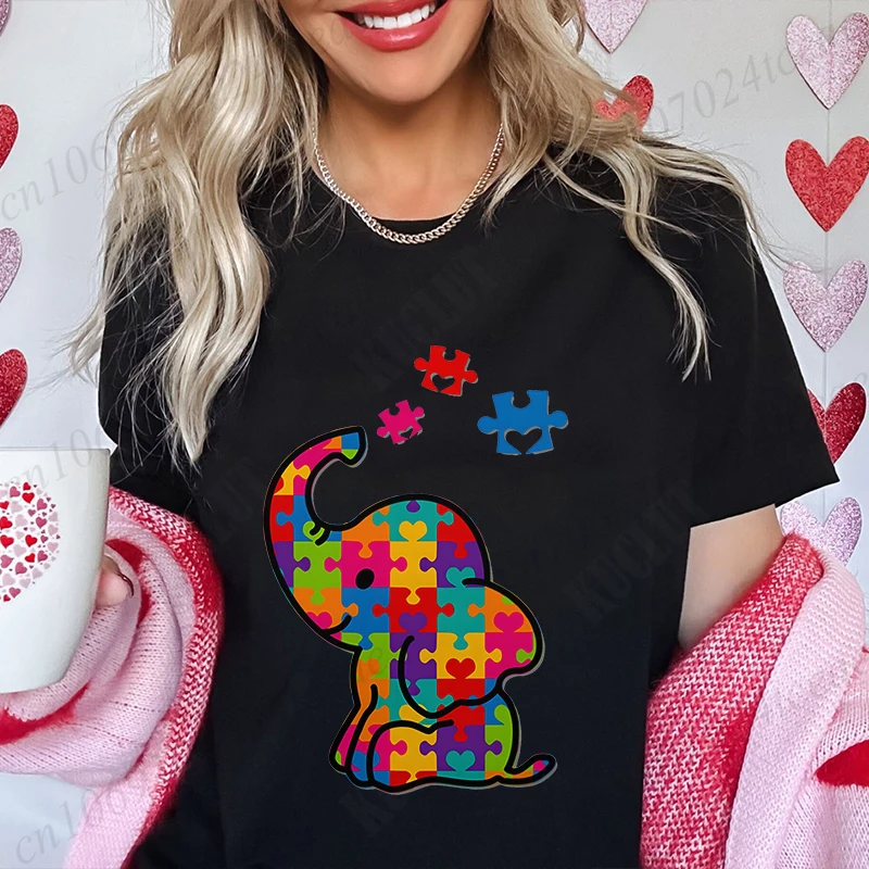 Funny Elephant Autism Awareness T-shirt for Women Acceptance Neurodiversity Summer Shirts Hip Hop Streetwear Short Sleeve Tees