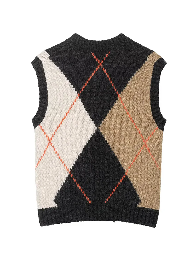 เสื้อกั๊กสตรีแฟชั่นฤดูใบไม้ผลิ ลายเพชร ตกแต่งเก๋ไก๋ ทรงสั้น คอทรงโอ แขนกุด ทรงเข้ารูป อเนกประสงค์ ถักนิตติ้ง อุ่นสบาย