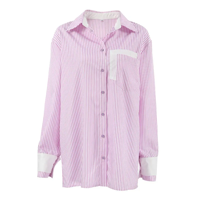Women 2026 Autumn Winter New Hot Selling Pink White Color Block Striped Oversized Loose Blouse Shirt Luxury Fashion Trendy Chic