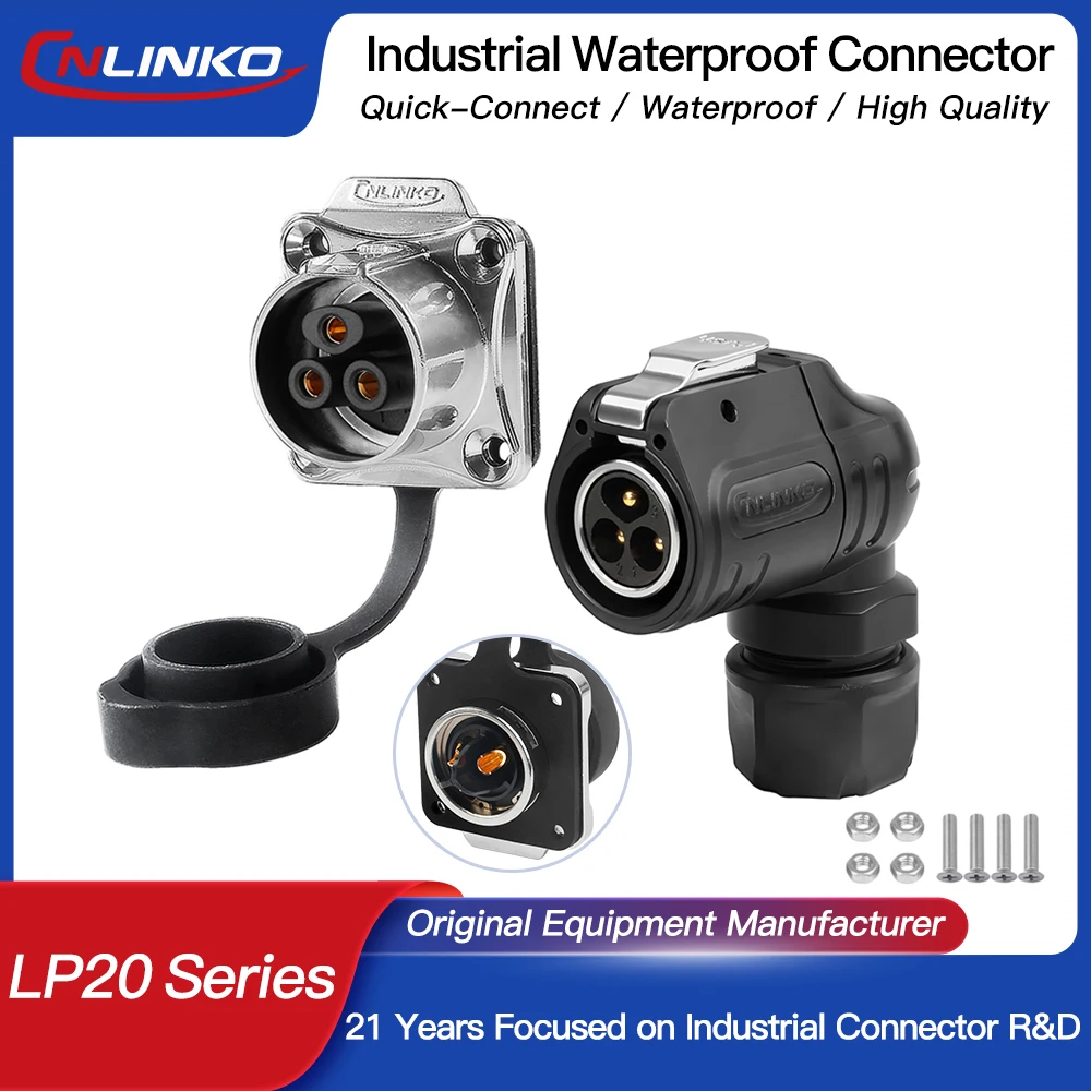 

CNLINKO LP20 90° Elbow Plug Waterproof IP68 Industrial Connector Semi-Metal Soldering Secure Locking 2000 Times Mechanical Life