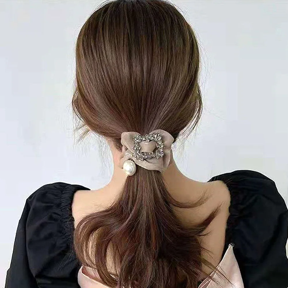 Elegant Organza Large Intestine Hair Ties Elastic Glitter Rhinestone Pearl Hair Ropes Women Ponytail Holder Rubber Hairbands