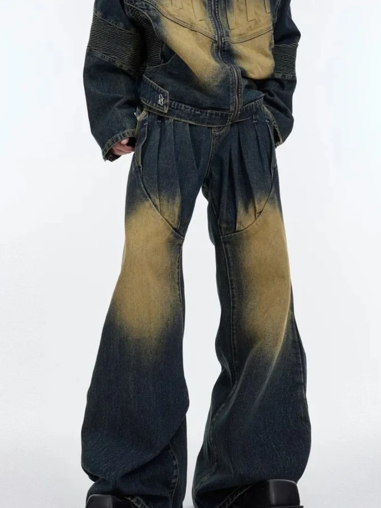 2026 Punk Y2K Stil Vintage Blaue Plissierte Baggy Jeans für Herren – Luxuriöse Straight-Leg Denim-Hose Pantalon Homme – Detail 10
