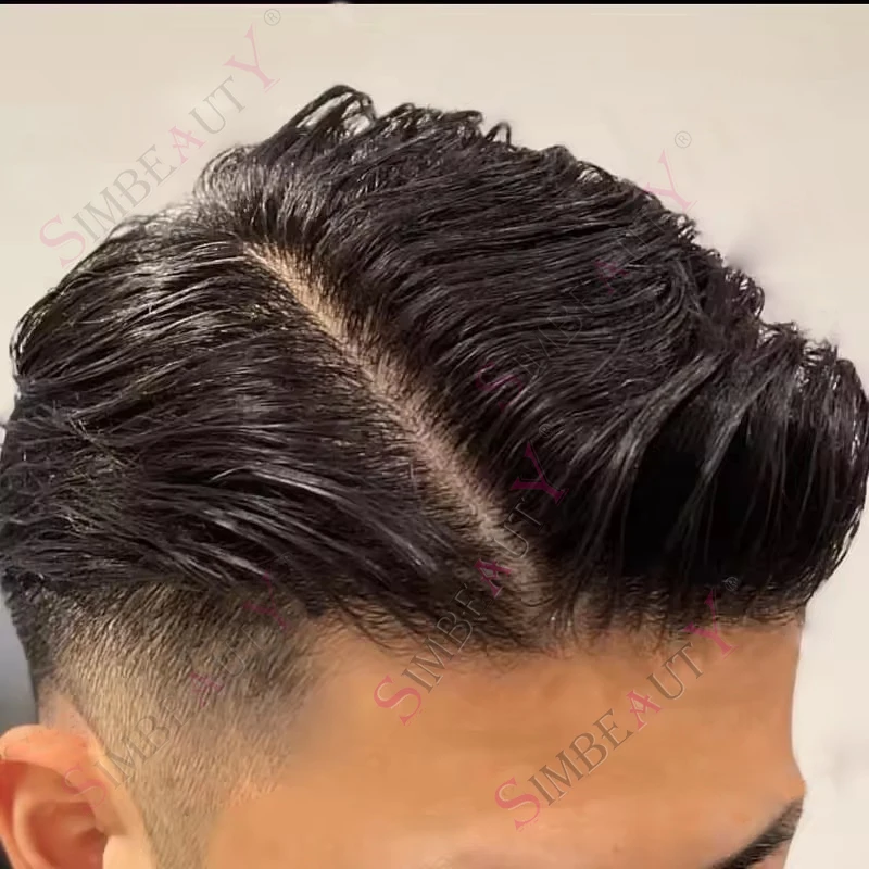 

Breathable Silk Top Base Men Undetectable Toupee Natural Black 100% Human Hair Wig Prosth Natural Hairline Thin PU Man Hairpiece