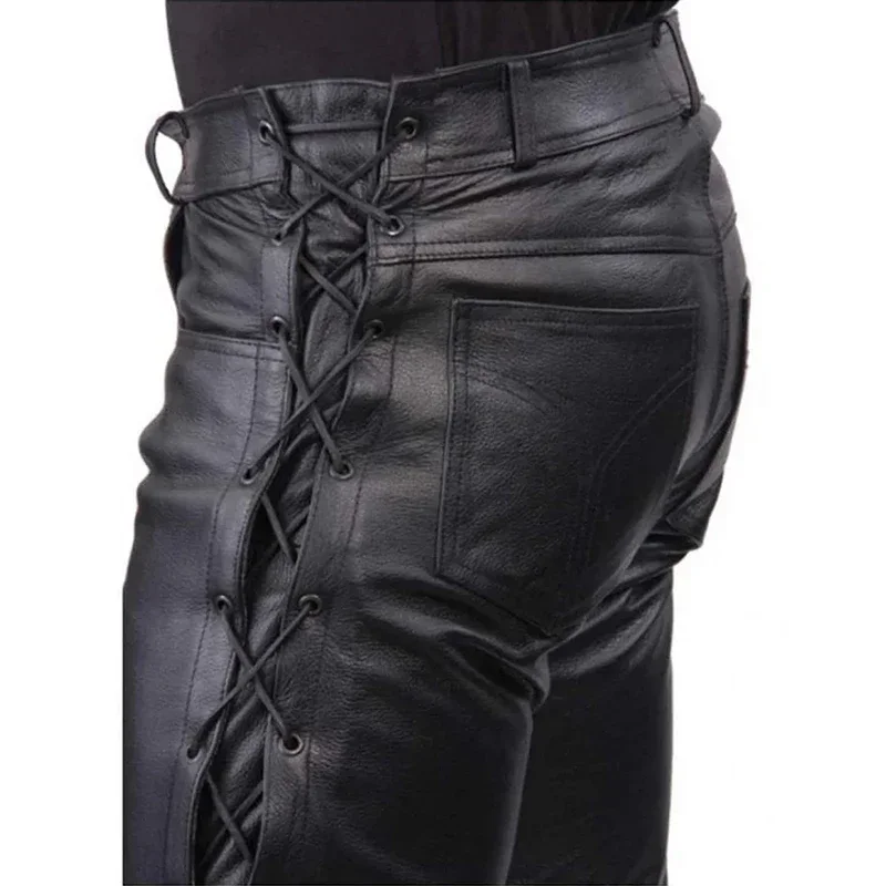 Heren Zwart Matte Motorfiets Lederen Broek Lage Taille Faux Pu Broek Zijverband Mannelijke Splits Stretch Broek Zak Custom