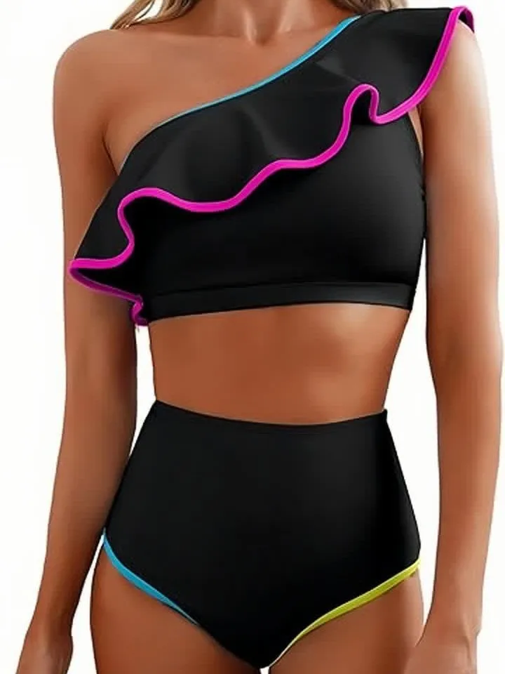 2026 One Shoulder Ruffle High Waisted Bikini Set Women Color Block Push Up Tummy Control Two Piece Swimsuit Swimwear Beachwear