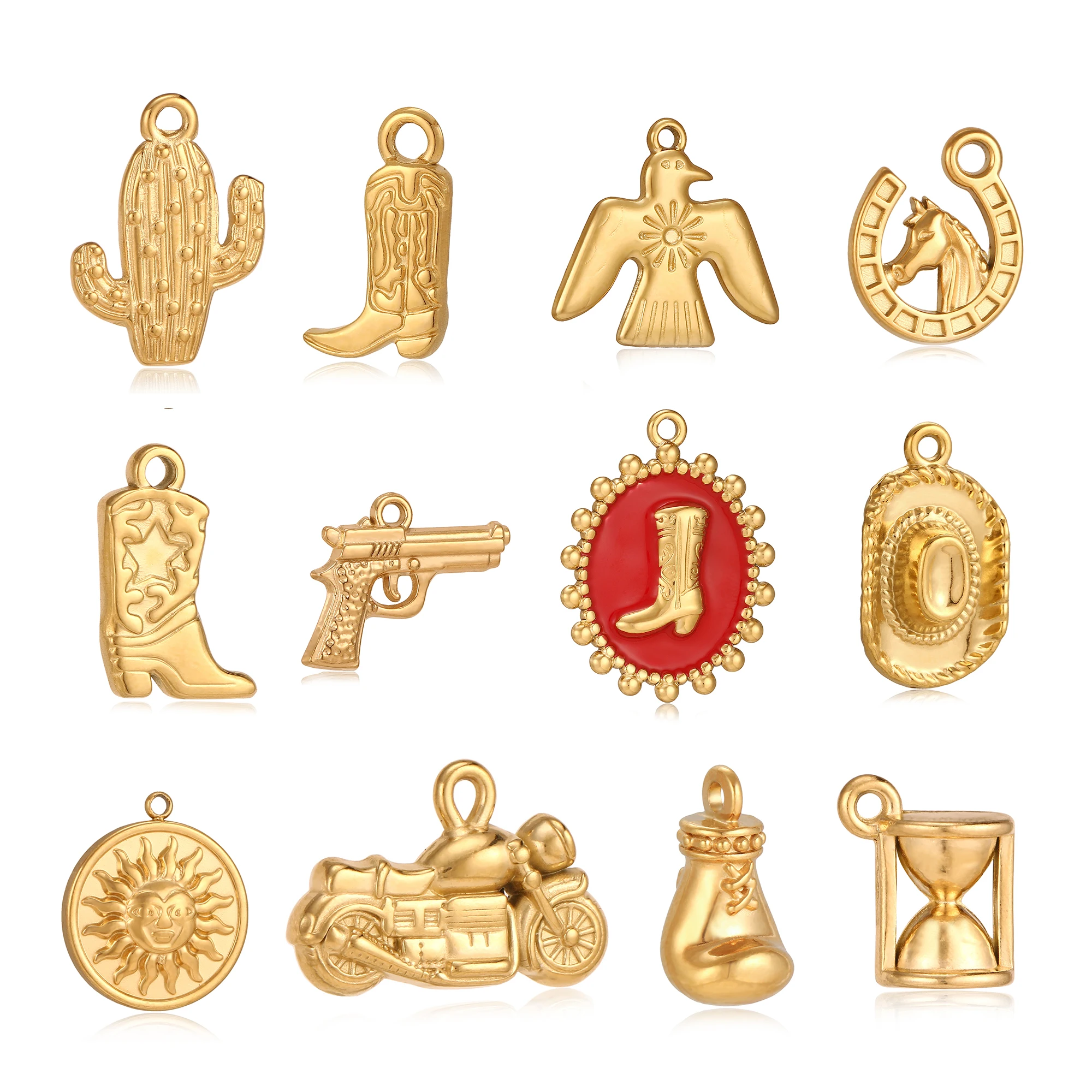 3 pendentifs en acier inoxydable (chapeau, gants de boxe, bottes, cactus tropical) style hip-hop cowboy pour la fabrication de bijoux (bracelets, colliers) DIY