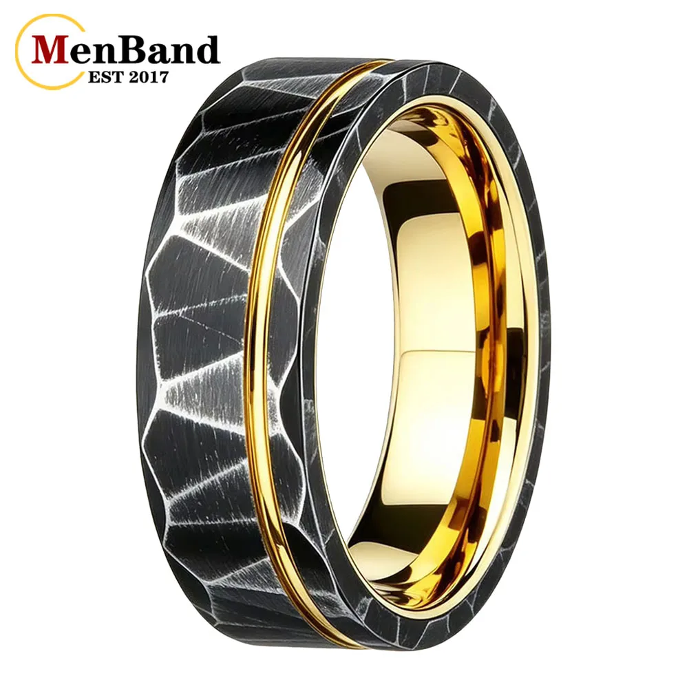 Black Geometric Hammered Tungsten Ring for Men, 8mm Gold Offset Groove， Comfort Fit Mens Ring, Unique Industrial Style Jewelry