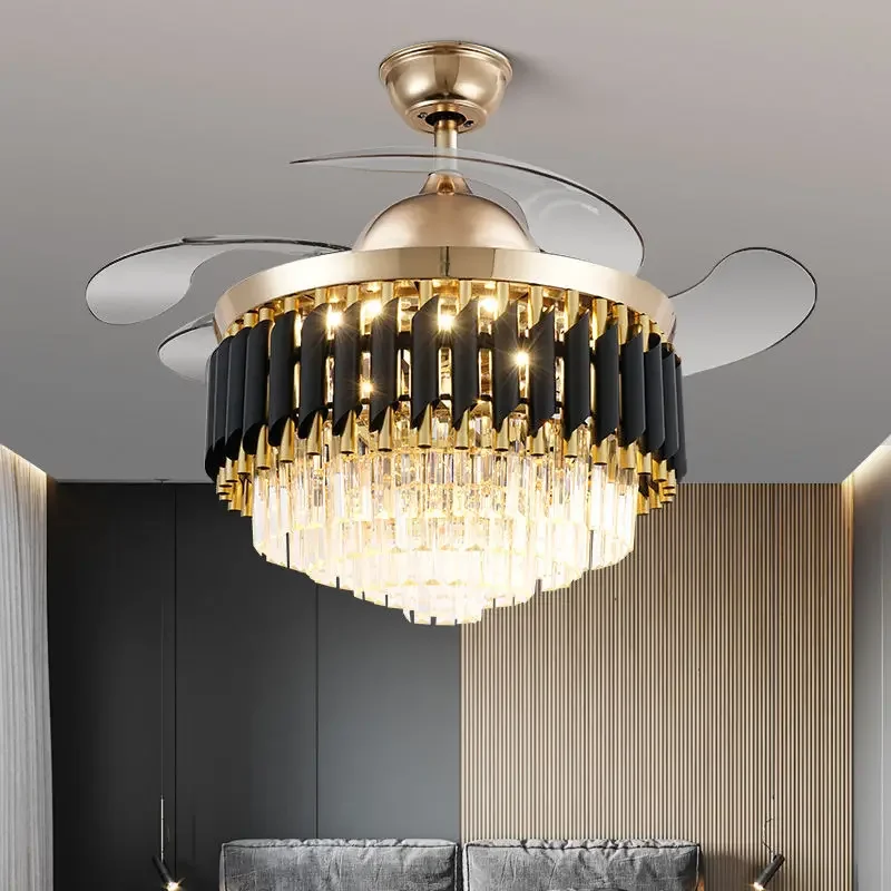 2025 42 48 Inch Luxury Crystal Ceiling Fan With Light Modern Led Chandelier Remote Control Fan Lamp With Retractable Blades Bedr