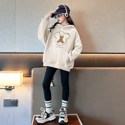 2026 girls clothes autumn winter sweatshirt bear t-shirt hooded + stretch pants leggings teens children set 8 9 10 11 12 year