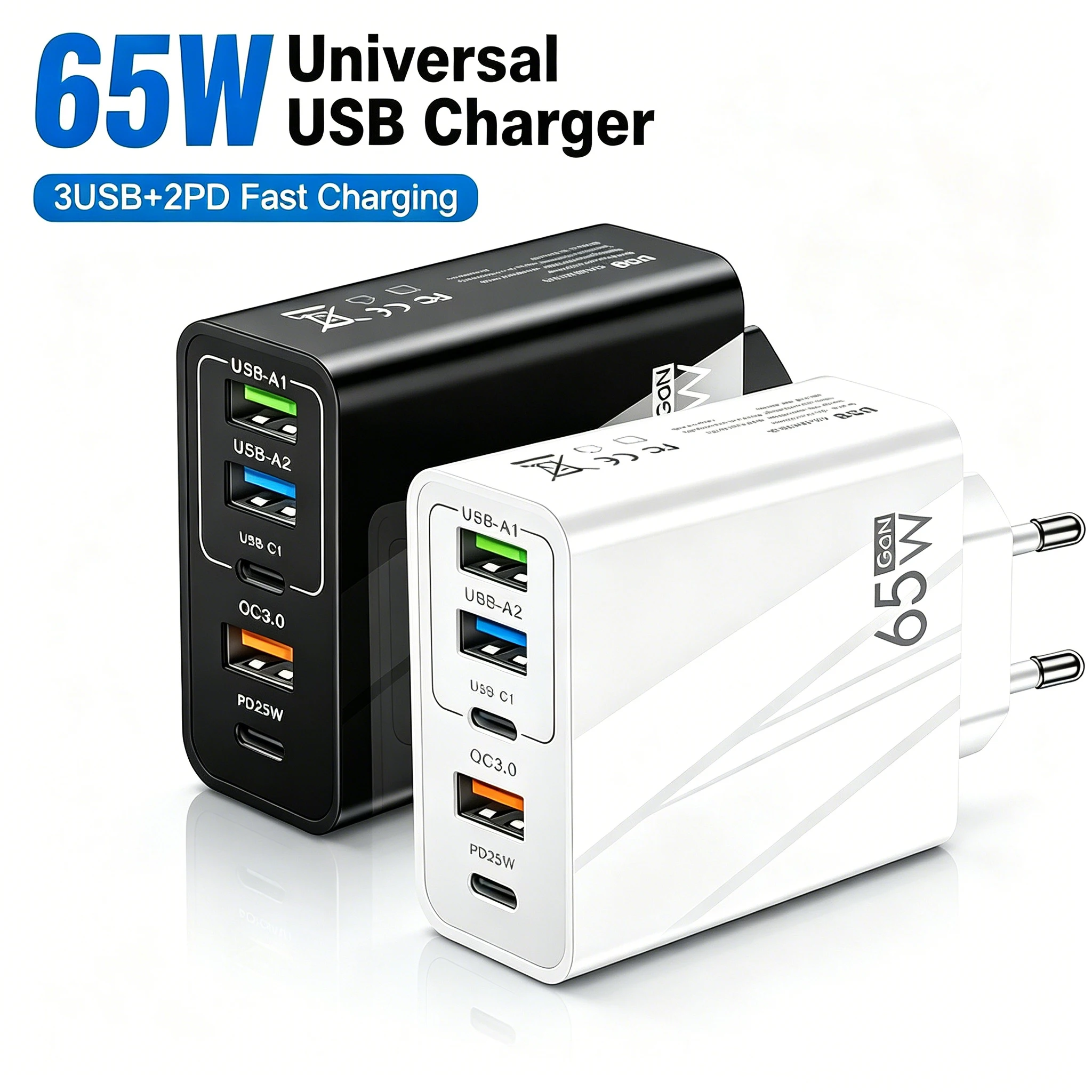 5 Ports 65W USB Type C Fast Charging Charger QC 3.0 Phone Adapter  For iPhone 15 Huawei Xiaomi Samsung EU/US Plug Wall Charger