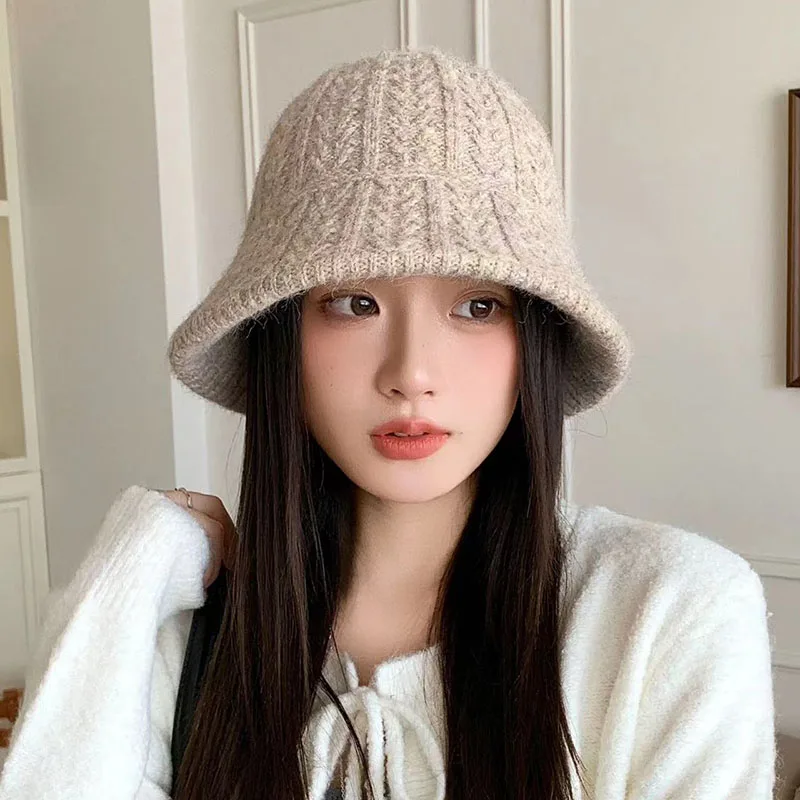 

Winter Wool Knitted Twist Bucket Hats for Women New Classic Simple Warm Fisherman Cap Versatile Fashion Japanese Ladies Pannama