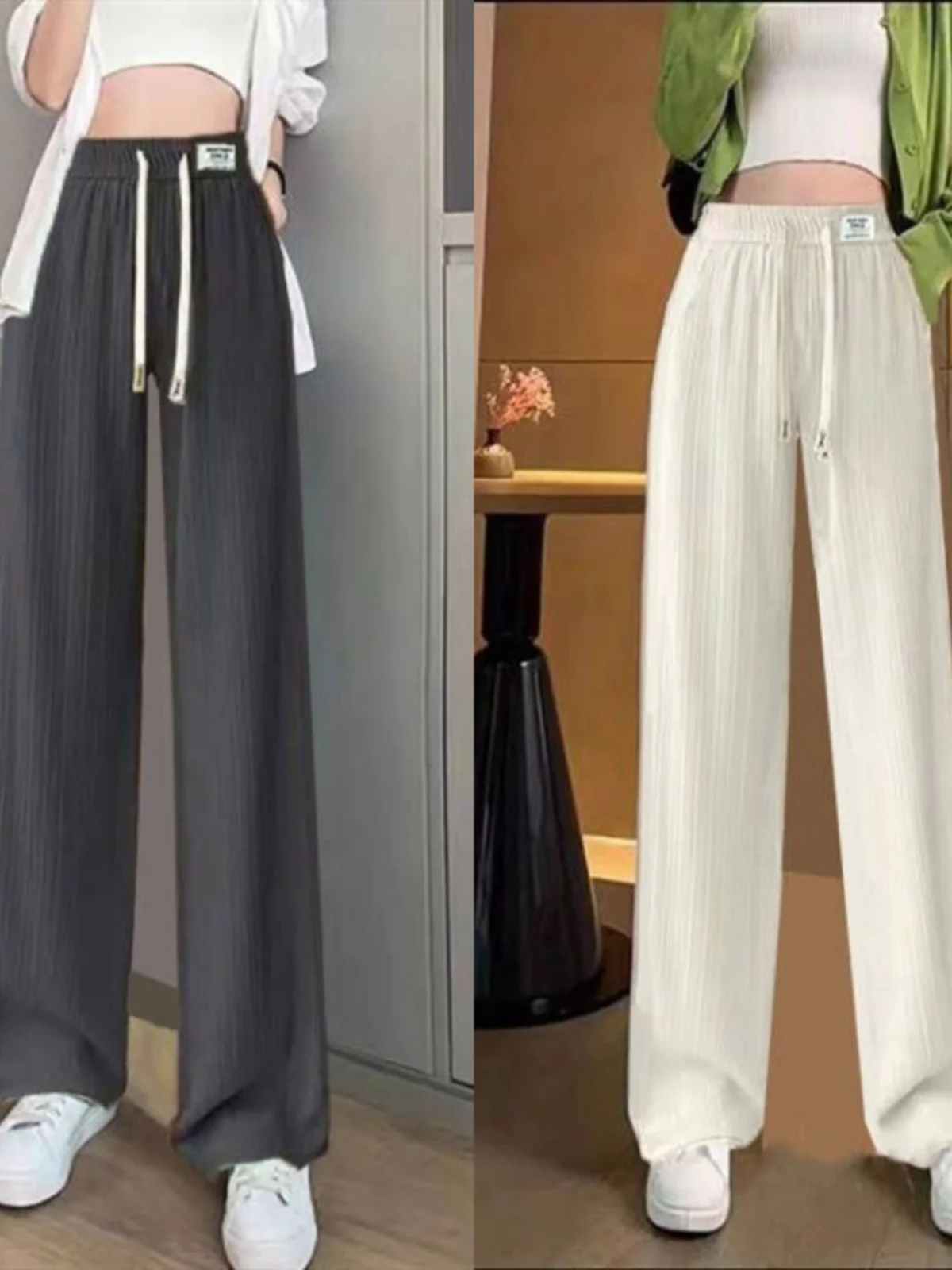 Quali Eisseide-Hose mit weitem Bein für Damen, Sommer, dünn, elastisch, lässig, gerade, koreanische SLE-Hose mit Kette, hohe Taille