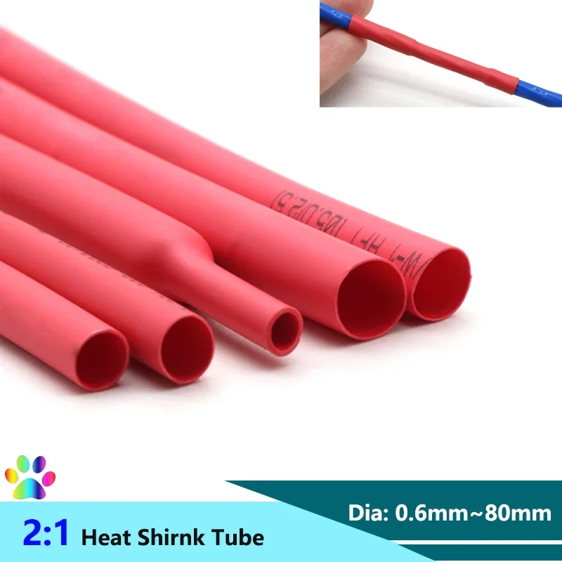 

1/3/5M Red 2:1 Heat Shrink Tube Dia. 0.6mm ~ 80mm Repair DIY Wire Protector Tubing Heat Shrinkable Sheath Wrapping For Cables