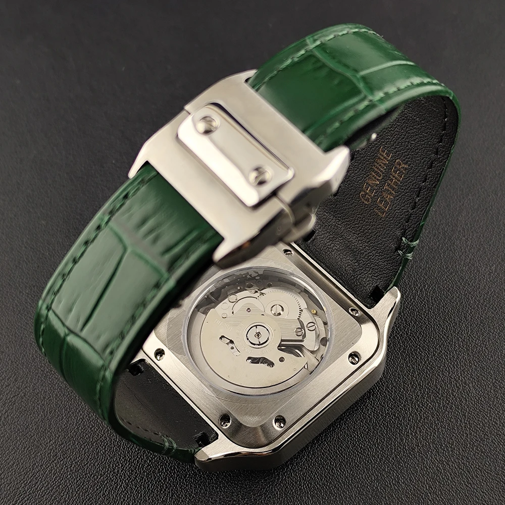 NH35 Santos montre 38mm Logo personnalisé montre montre pour hommes montre en cuir vert NH35 mouvement montre accessoires