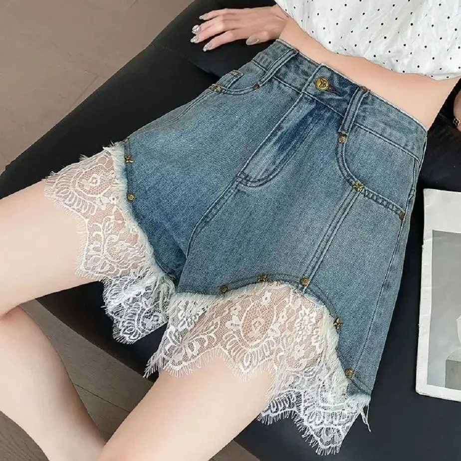 

Lace Spliced ​​Denim Shorts Women'S Thin 2025 Summer New High-Waist Loose Personality Hot Girl A-Line Shorts