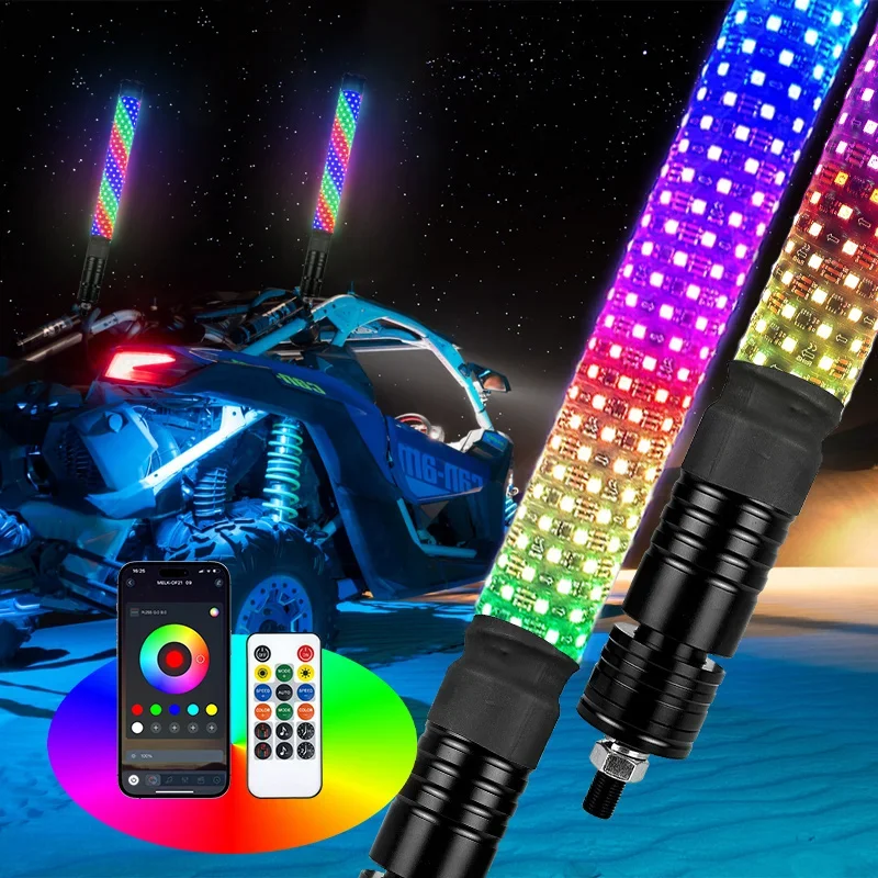 2PCS 2FT Spiral RGB LED Whip Lights for truck,Remote Control Flagpole Antenna Whips,for UTV ATV Off Road Sand Buggy Dune, RZR
