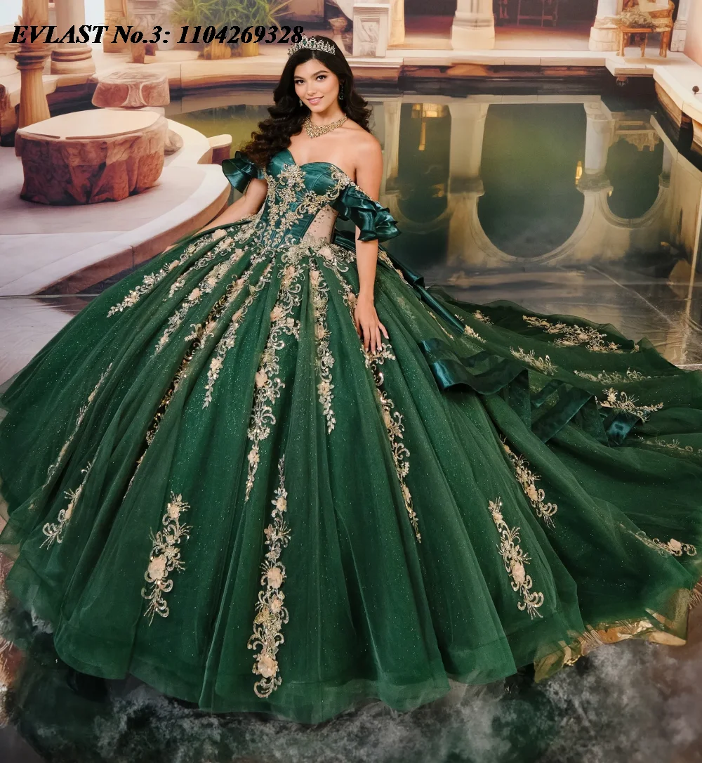 EVLAST Customized Dark Green Quinceanera Dress Ball Gown Gold Lace Applique Beading Tiered Sweet 16 Vestido De 15 Anos E3Q213