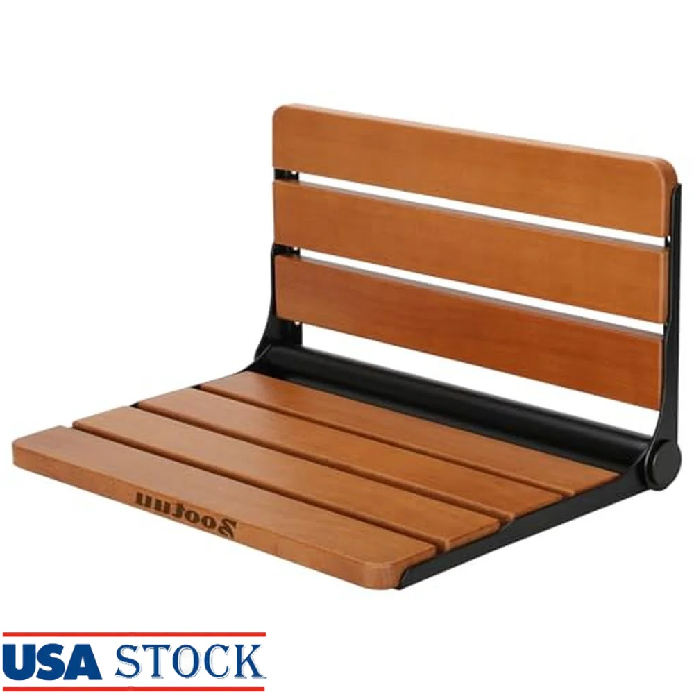 Teak Wood Wall Mounted Folding Shower Seat Waterproof Fold Down Bench Small Spaces Comfortable and Safe Installation Home Care