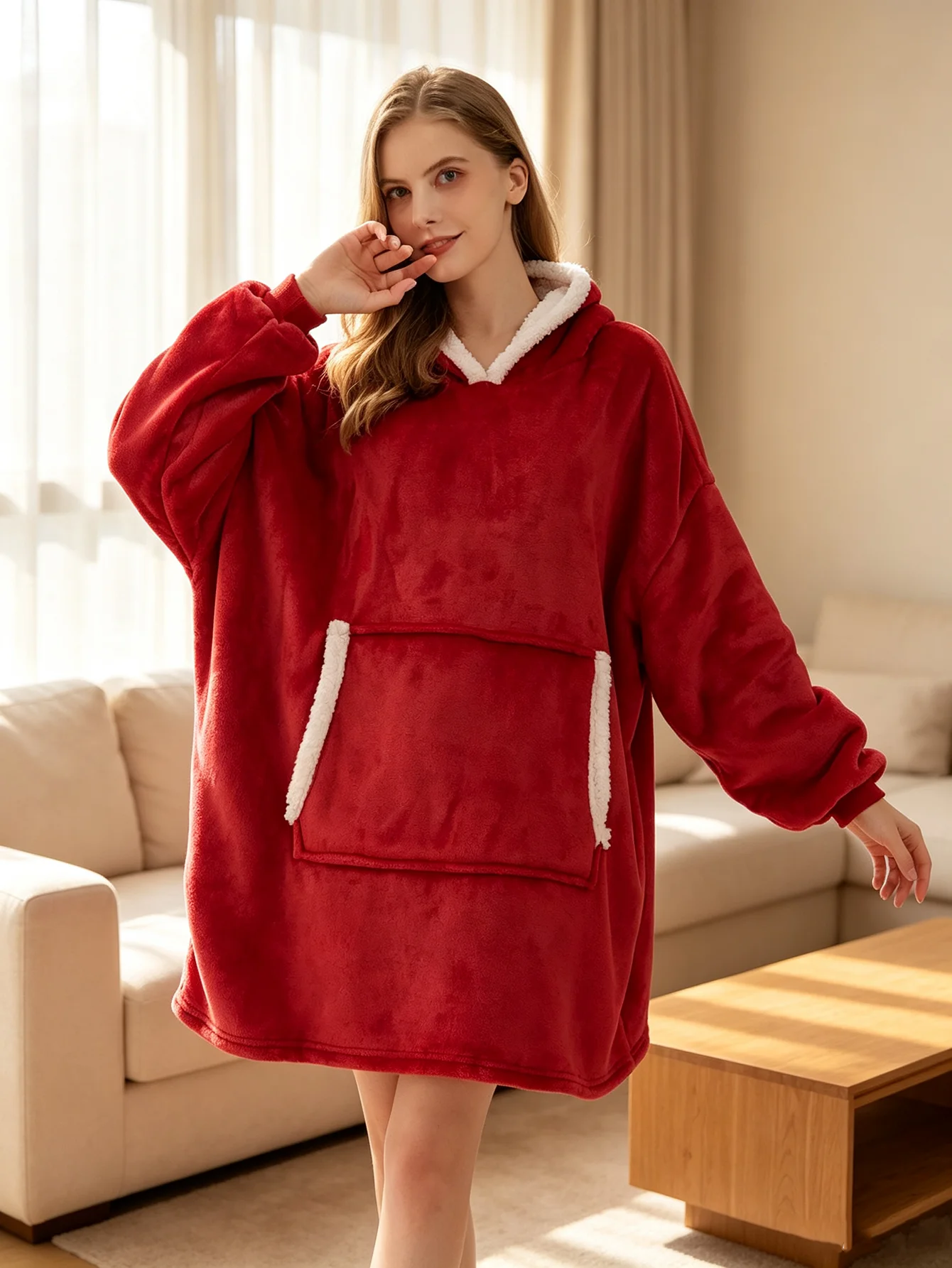 1pc Oversized Wearable Hooded Blanket, Double‑Sided Fleece Long‑Sleeve Snuggle Blanket