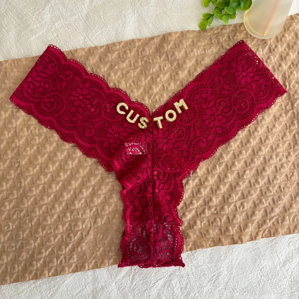 Custom Name Thong Personalized Text Crystal Letters Bikini Panties Sexy Lace G-String for Woman Wife Girlfriend Anniversary Gift