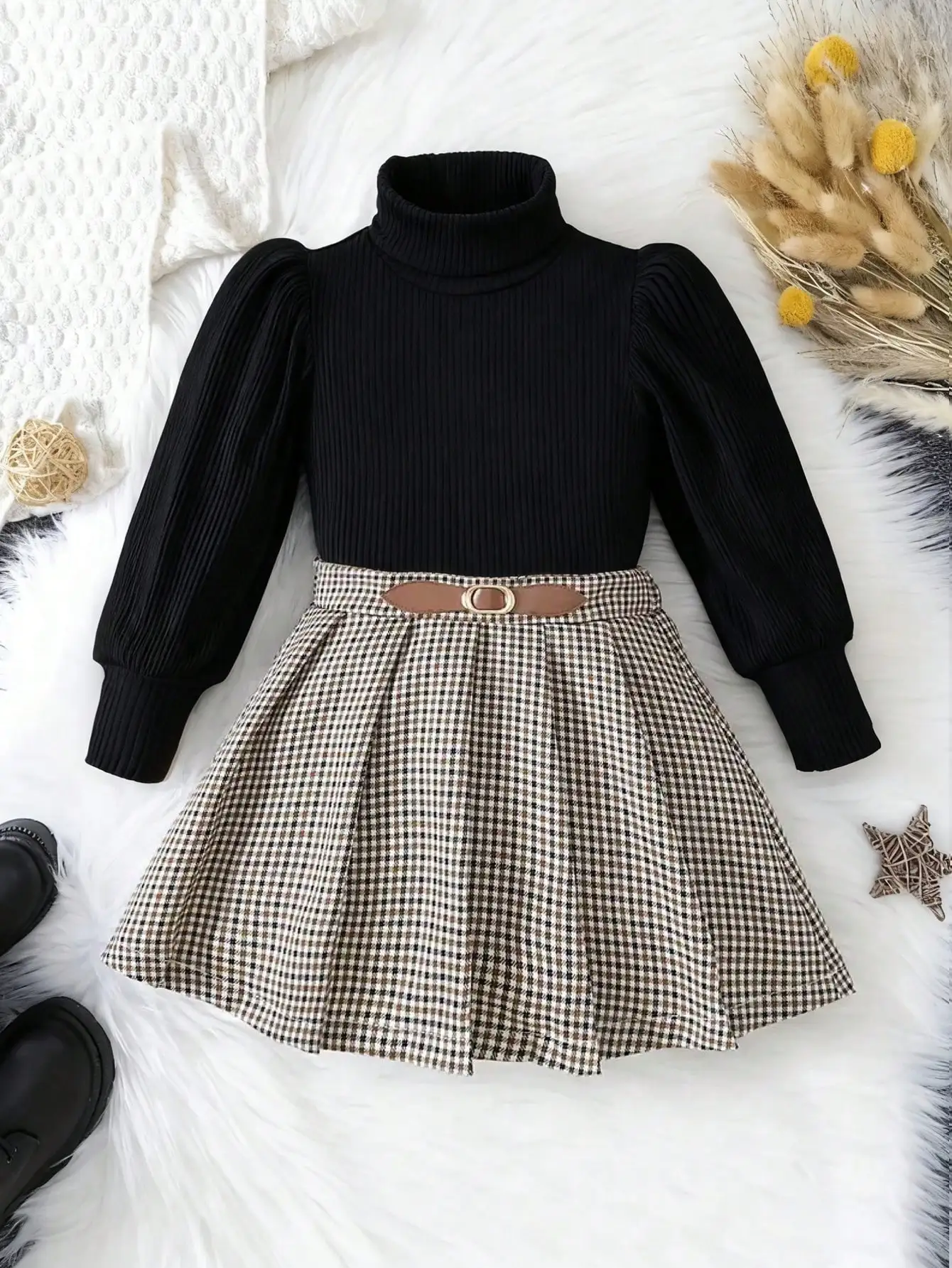 2026 Women's Girls' Long Sleeve Knitted Lantern Sleeve Roundneck Hoodie+Thousand Bird Grid Half Skirt Set Girls' 2-piece Set