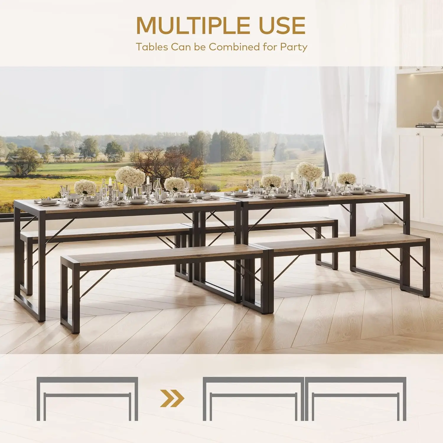 Conjunto de mesa de jantar de 45,5" para 4, conjunto de mesa de cozinha com 2 bancos, conjunto de mesa de sala de jantar com estrutura de metal e placa de MDF, cinza