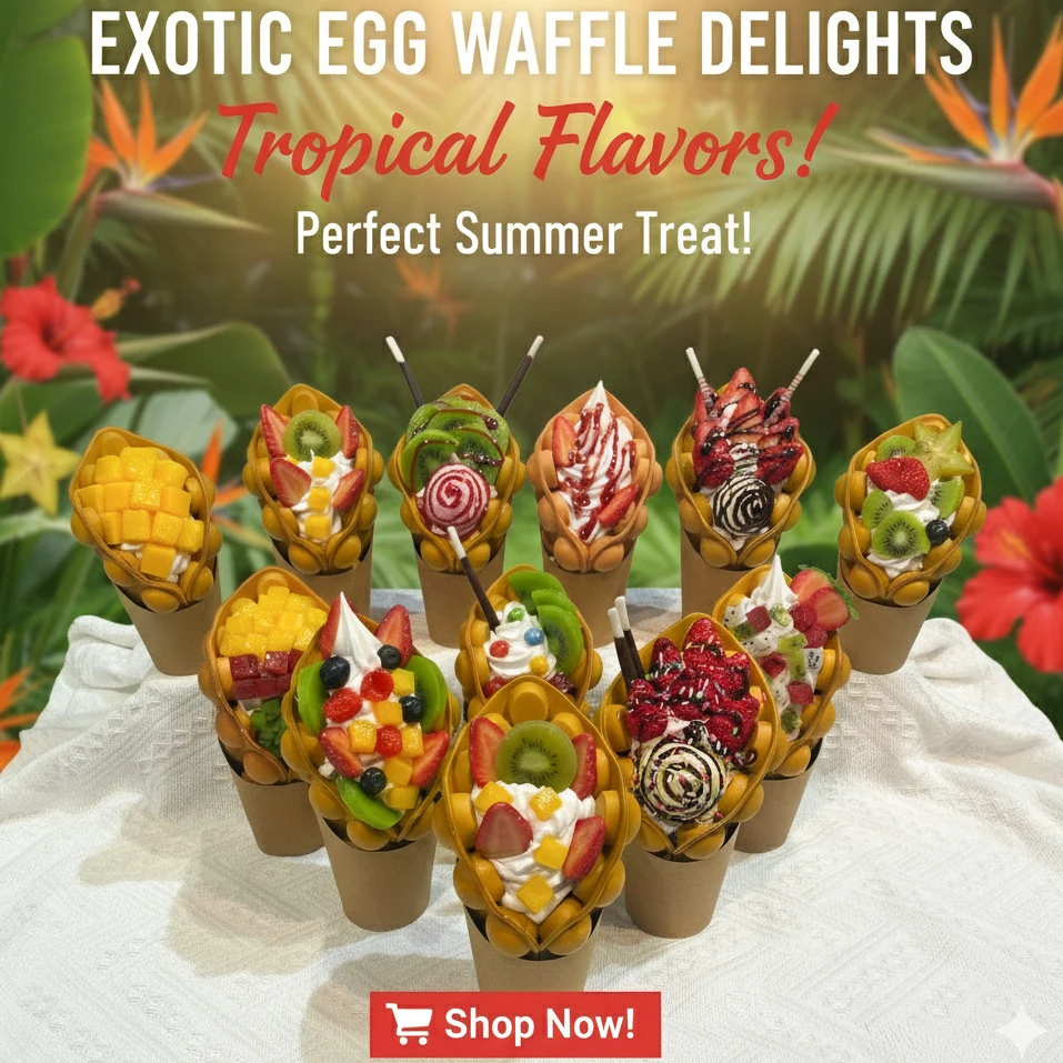 Gofre de huevo, frutas tropicales, mango fresco, fresa, Kiwi, estilo HK, torre de burbujas, golosina de verano, helado, fiesta para niños, merienda sorpresa