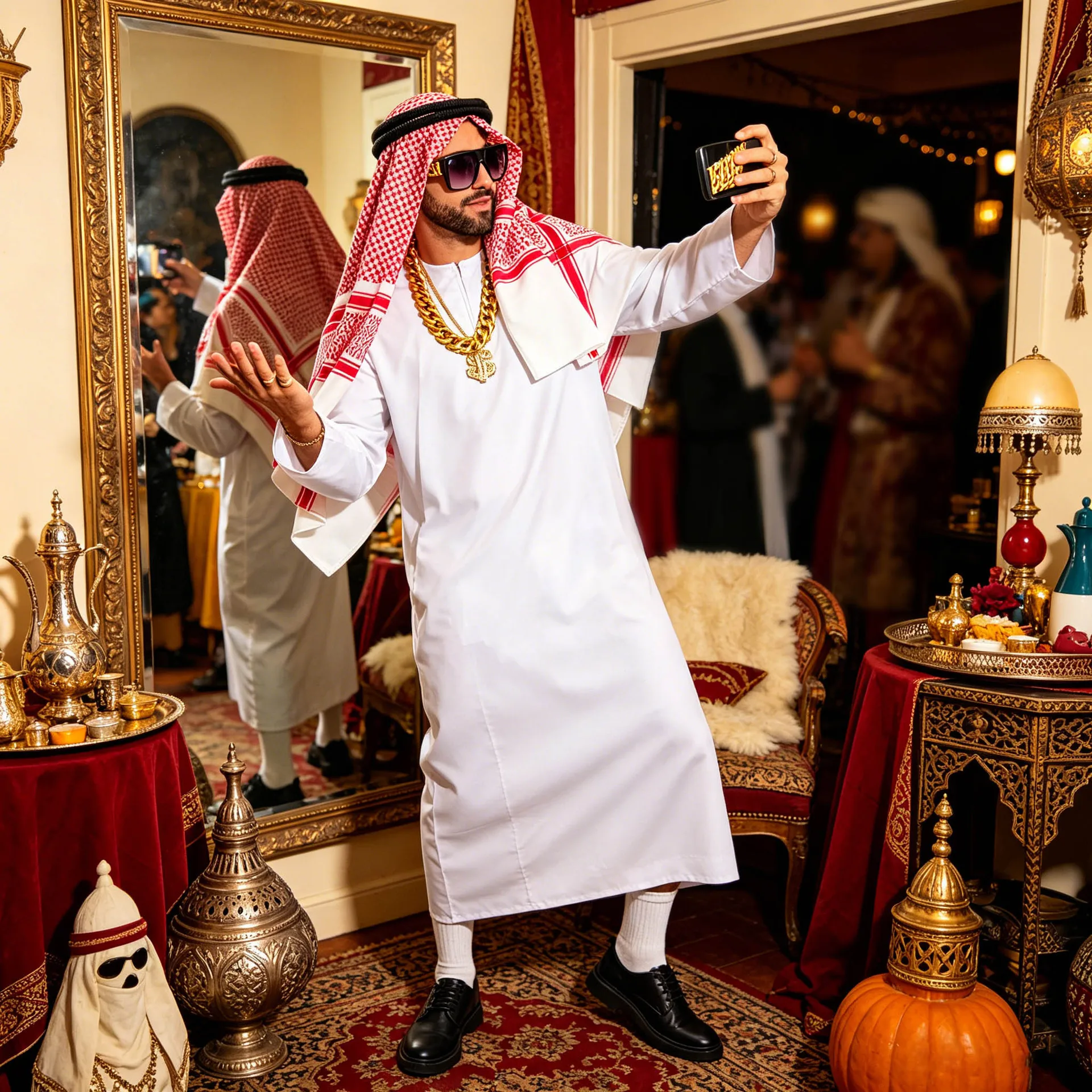 Traje de Cosplay de Jeque Árabe de Dubái, Emiratos Árabes Unidos, Túnica Blanca con Pañuelo para la Cabeza, para Hombres Ricos, Disfraz de Hombre Rico para Halloween