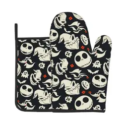 2pcs Halloween Oven Mitts and Pot Holders Sets Christmas Kitchen Heat Resistant Non-Slip Oven Gloves for Safe BBQ Cooking Baking