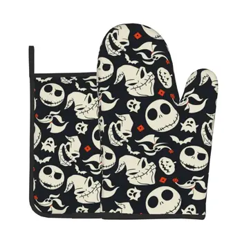 2 ชิ้นฮาโลวีนเตาอบ Mitts และผู้ถือหม้อชุดคริสต์มาสห้องครัวทนความร้อนลื่นถุงมือเตาอบสําหรับปลอดภัย BBQ ทําอาหารเบเกอรี่