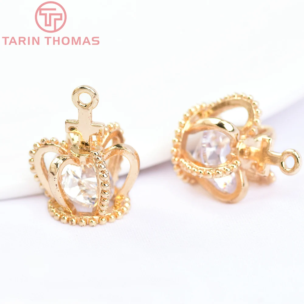 (1517) 6PCS 11x15MM 24K Gold Color Plated Brass with Zircon Crown Charms Pendants High Quality Jewelry Accessories