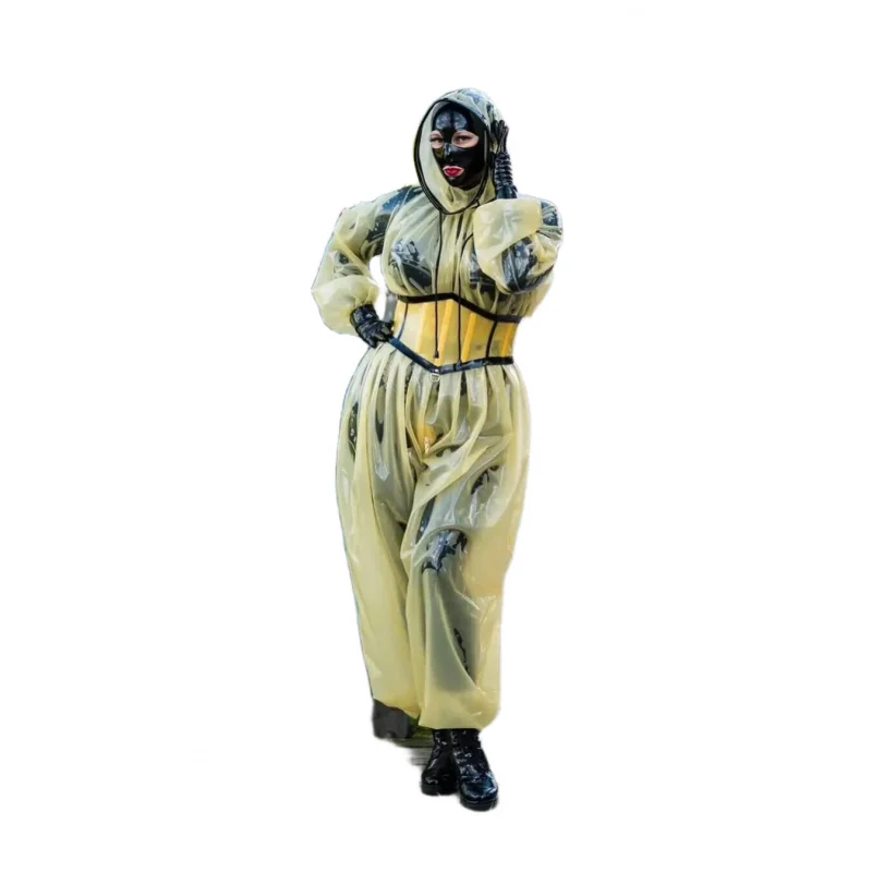 Transparent female latex bodysuit, latex sportswear, including a waistband