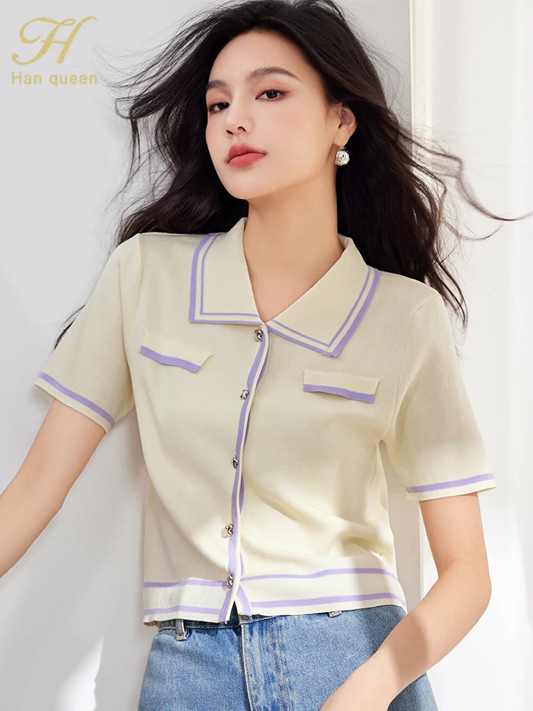 H Han Queen 2024 Korean Summer Knitting Shirts & Blouses Simple Short Sleeve Tops Loose Elegant Blouse  Women\'s Clothing Sales