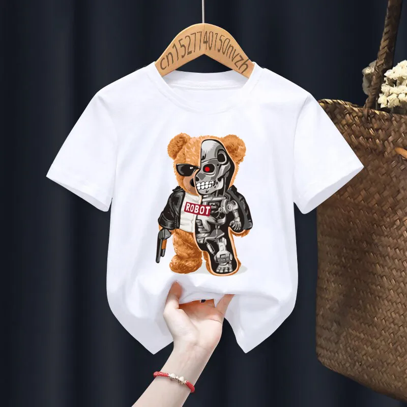 Funny Skateboard Bear Print Boys/Girls White T-shirt Kid Summer Harajuku Kawaii Funny Clothes Little Baby Y2K Clothes,Drop Ship