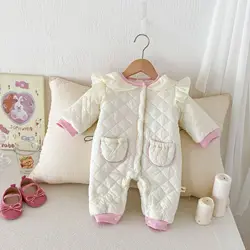 Autumn Winter Baby Girls Bodysuit Cotton Padded Laced Solid Pocket Warm Infant Girls Jumpsuit Newborn Girls Onesies Outfit