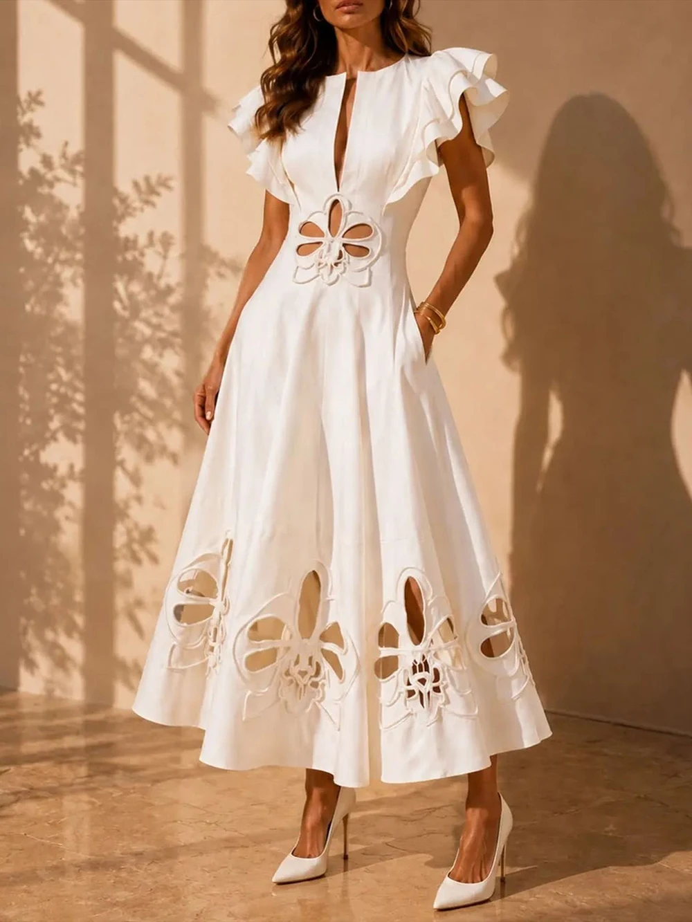 Modphy Sexy O Neck Hollow Out Flower Embroidery Midi Dress Women White Sleeveless Floral Mermaid Dresses Evening Party Clothing