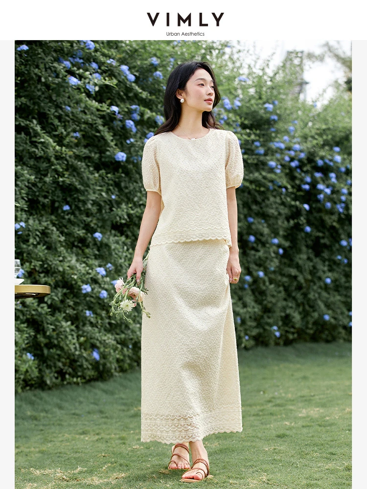 

VIMLY Apricot Skirts Suit Women's Elegant 2025 Summer Hook Flower Hollow Vacation Outfits Puff Sleeve Tops Stright Skirt A1771