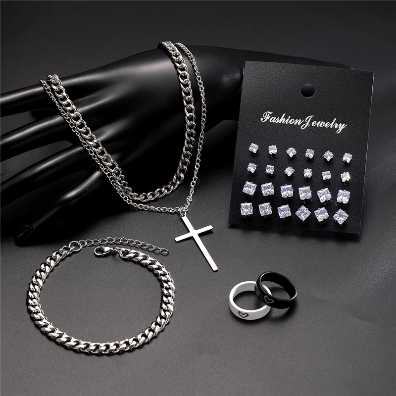 Silver Color Cross Jewelry Set For Women Men Couple Simple Punk Pendant Necklace Bracelet Heart Rings Square Zircon Earring Set