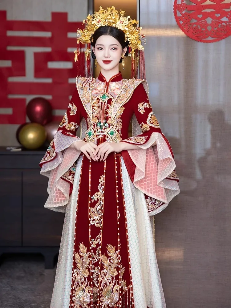 Velvet wedding dress new style Chinese-style bride's phoenix crown and red cape Hanfu are now available