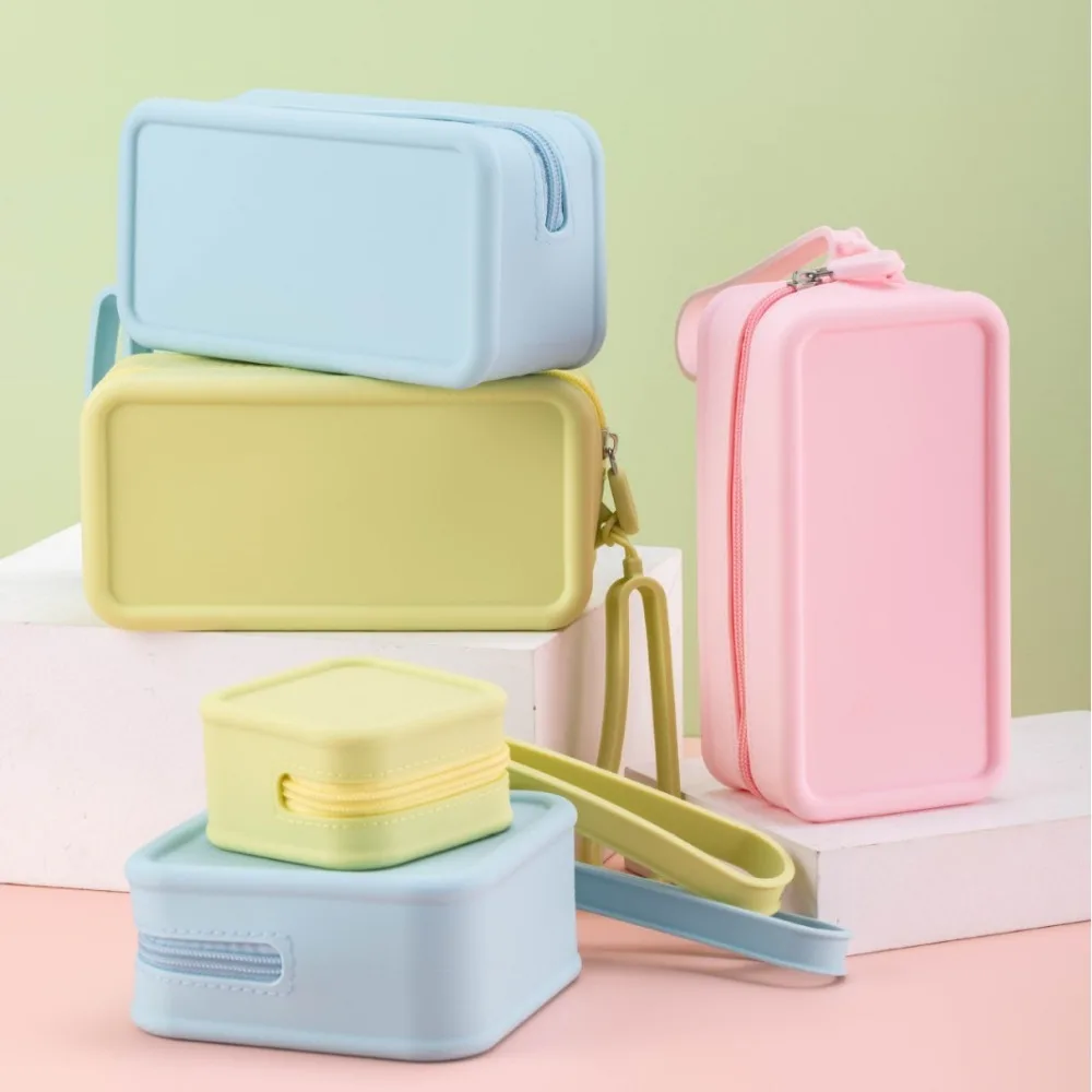 Porte-monnaie portable en silicone, grande capacité, sac à fermeture éclair pour écouteurs, sac cosmétique imperméable de couleur unie pour femmes et filles