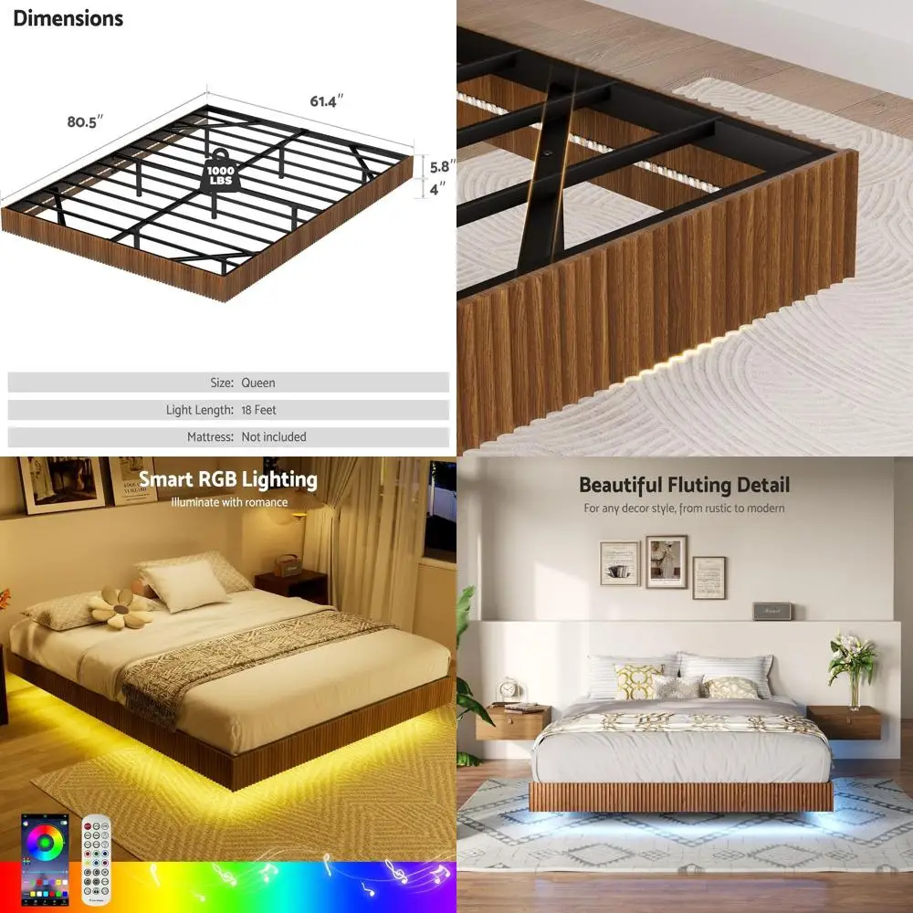 

Queen Size Walnut LED Light Floating Bed with Metal Slat Support, No Box Spring Required