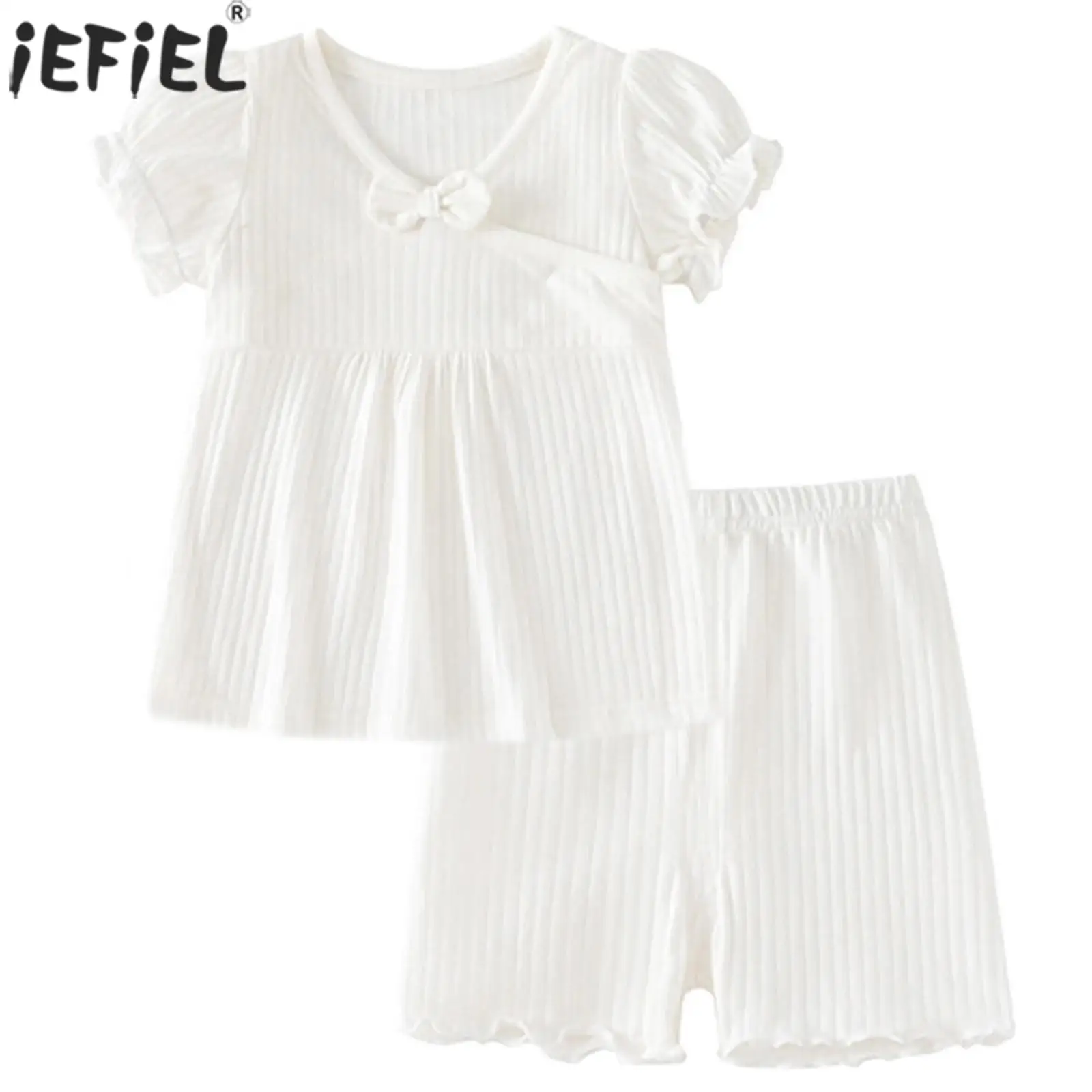 

Toddler Baby Girls 2Pcs Casual Summer Clothes Outfits Ribbed Knit Short Sleeve Tops And Shorts Set Infant Sleepwear Homewear