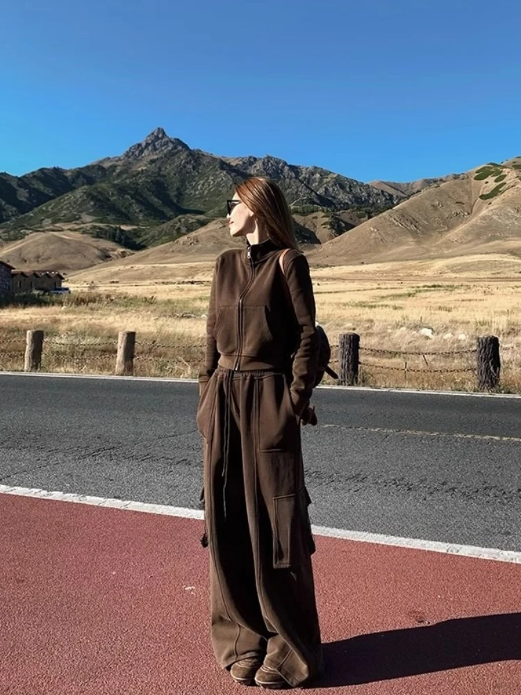 

Осенние шикарные корейские модные теплые комплекты брюк в консервативном стиле Y2k, эстетический американский ретро-молния, женский костюм, женская одежда