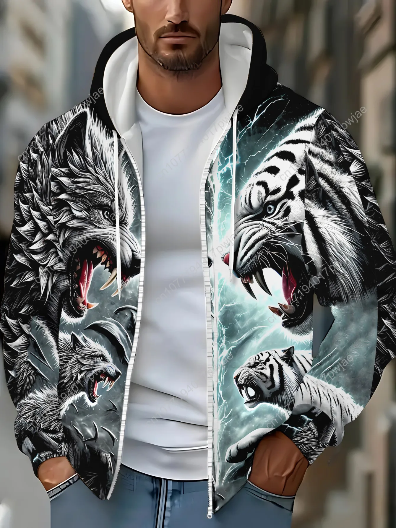 Boné masculino de manga comprida com zíper, moletom com capuz com estampa de lobo e tigre para sala de estar, tecido de poliéster macio, leve e