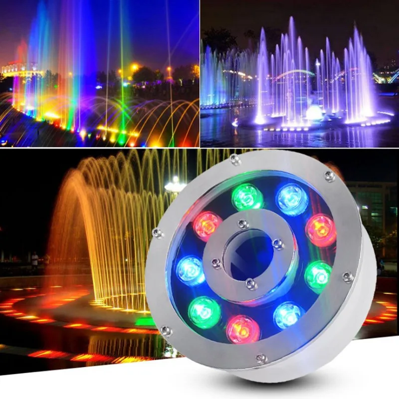 9W AC 24V IP68 Automatic RGB IP68 Stainless Steel RGB OK Lighting LED Underwater Water Fountain Ring Lights Nozzles 316