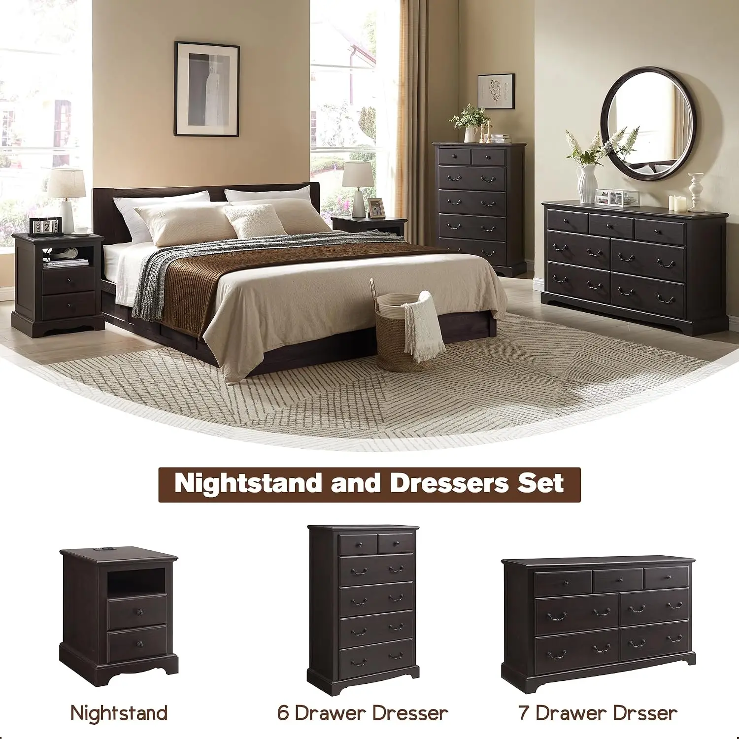 18" Vintage Nightstand with Charging Station, Espresso