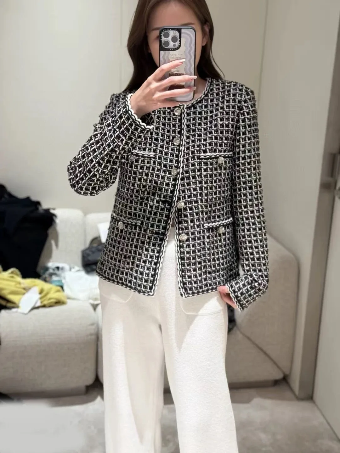 

Новая женская куртка 25C вафельная TWeed черно-белая клетчатая шерсть
