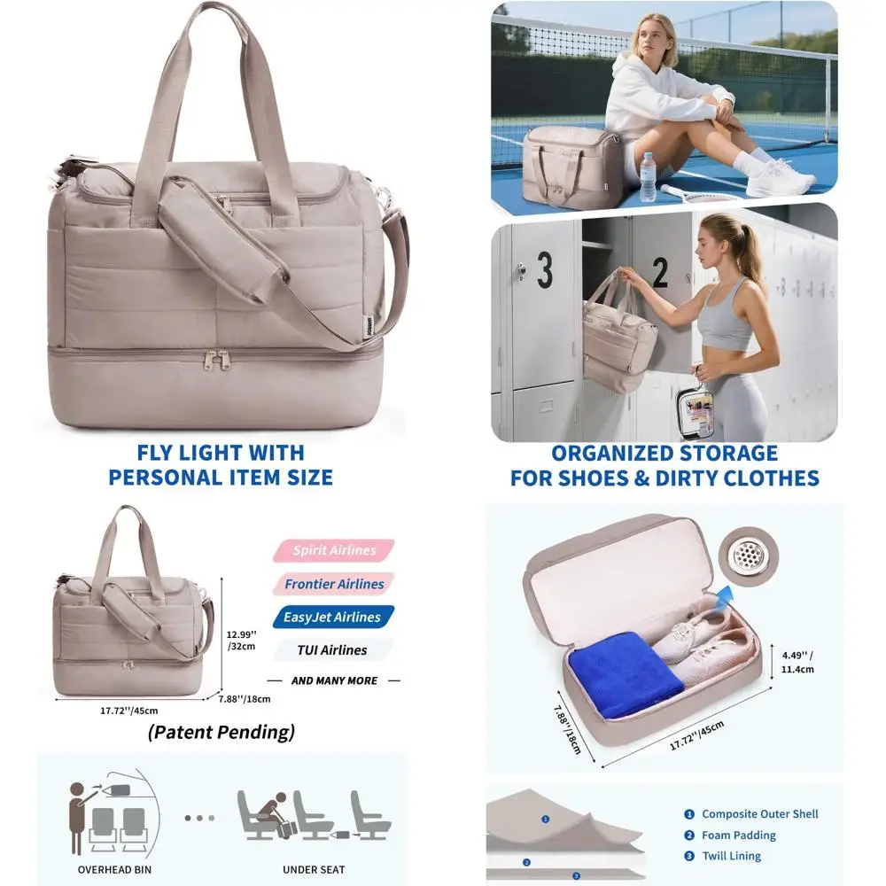 

Легкая женская дорожная спортивная сумка-пуховик, отделение для обуви, одобренная TSA, сумка для личных предметов 18x14x8